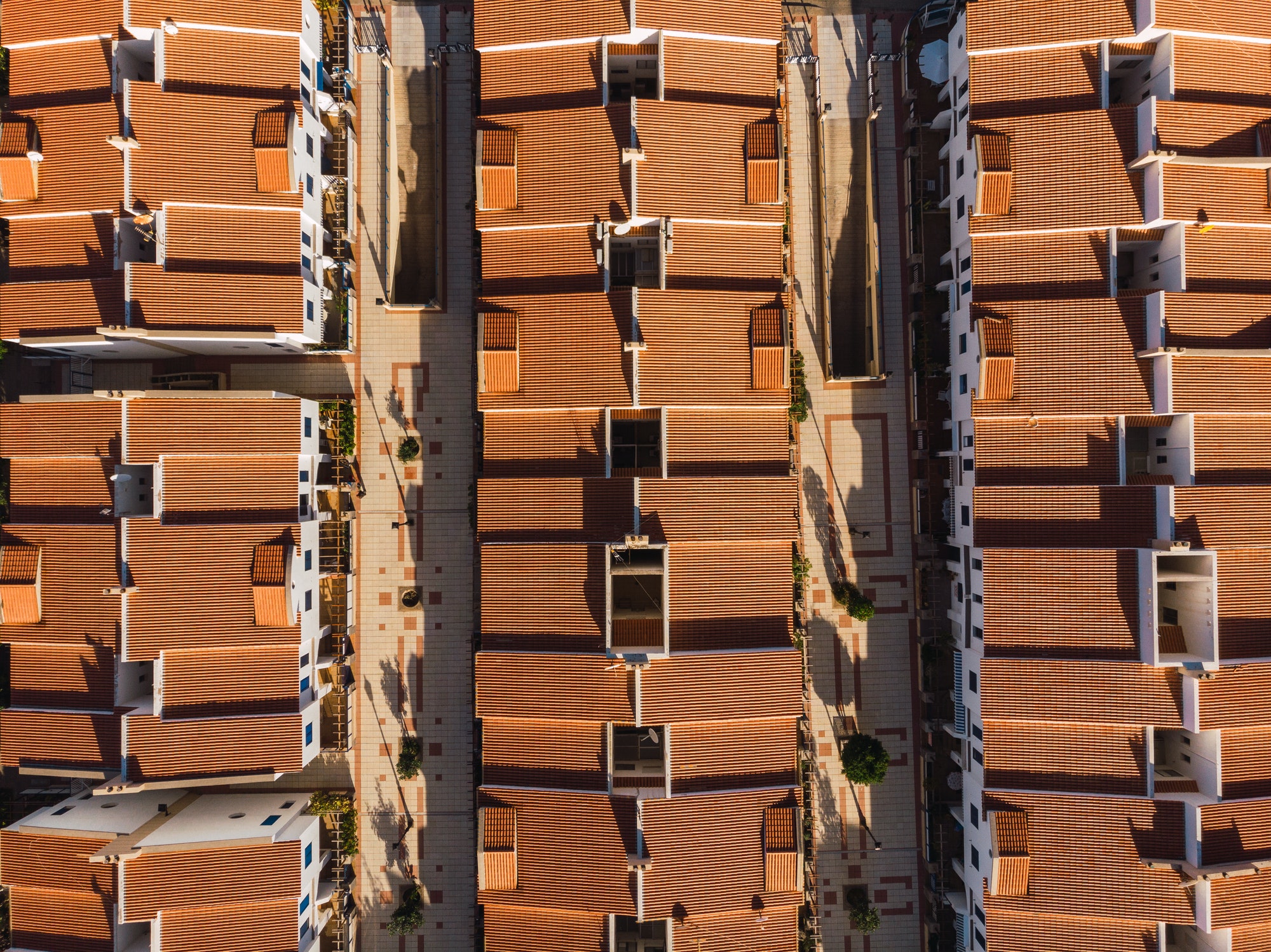 Orange rooftops of modern town from above